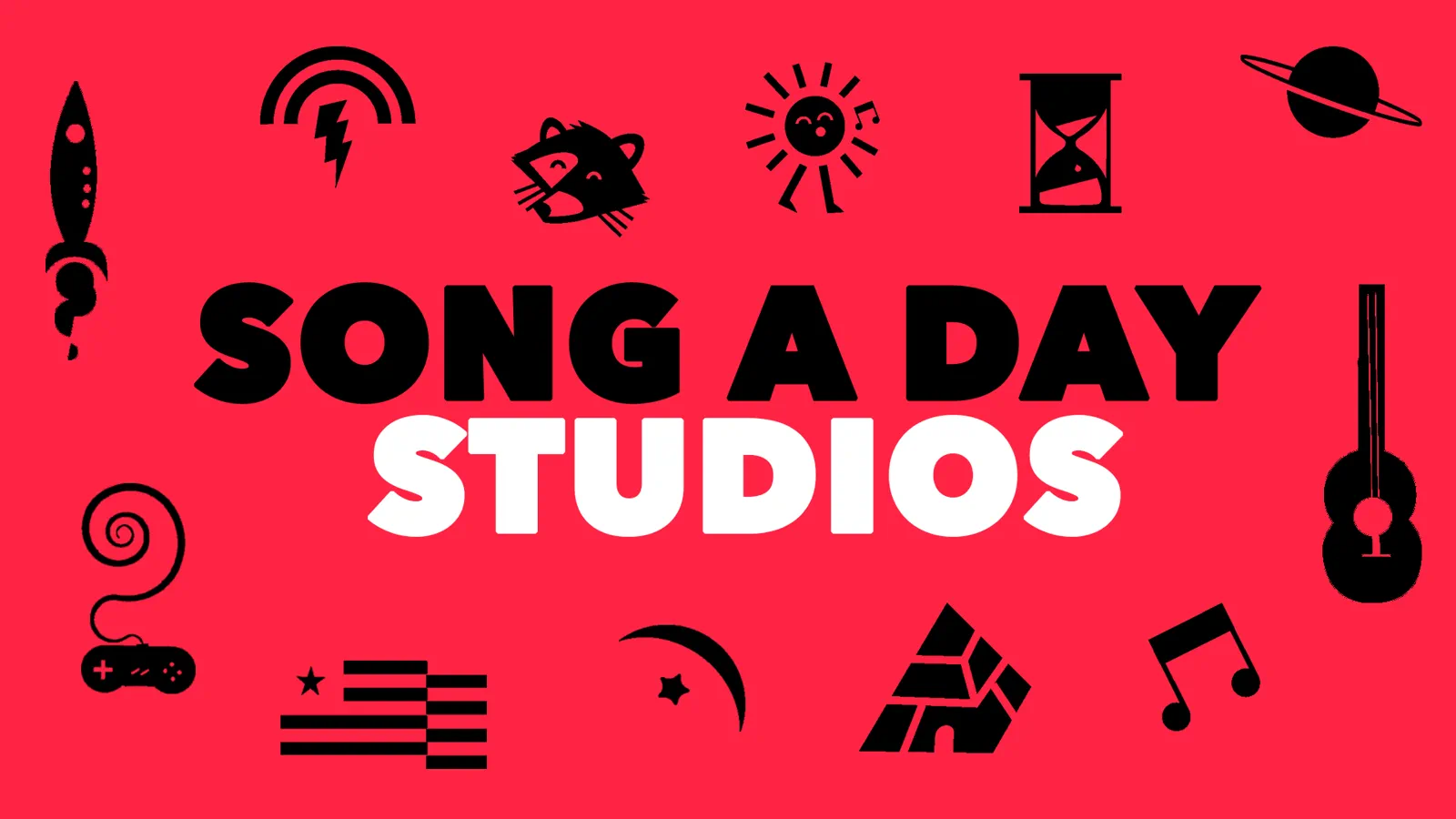 Song A Day Studios graphic with bold black lettering and icons on a red background