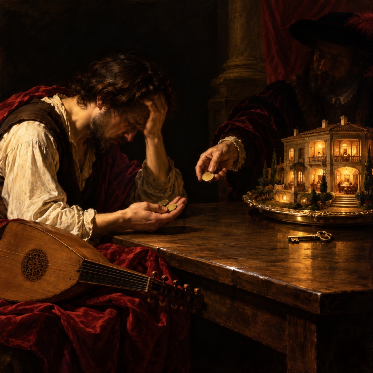 A grieving composer clutches a few coins beside his lute as a glowing miniature house symbolizes the ownership stake he failed to request.